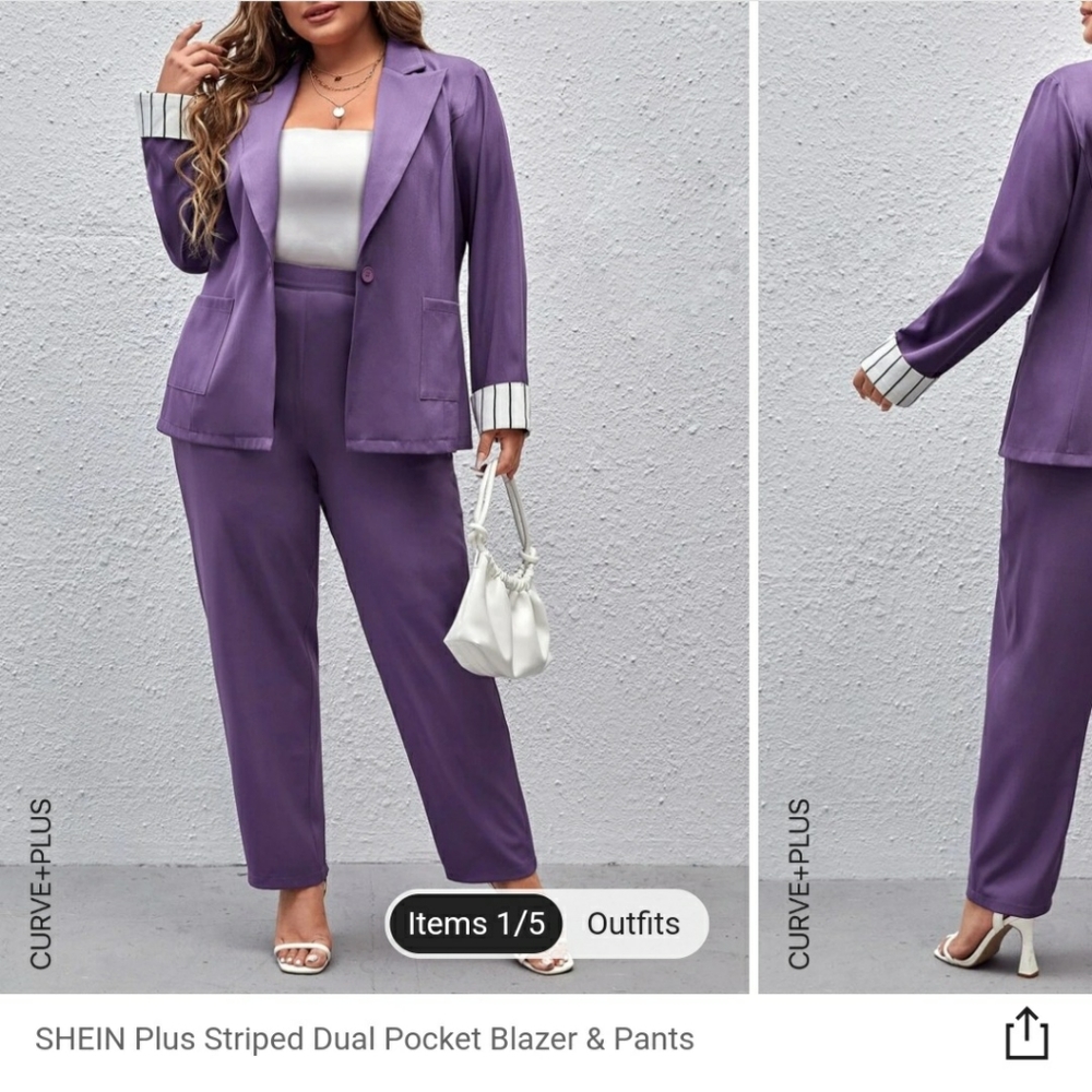 Plus Striped Dual Pocket Blazer & Pants